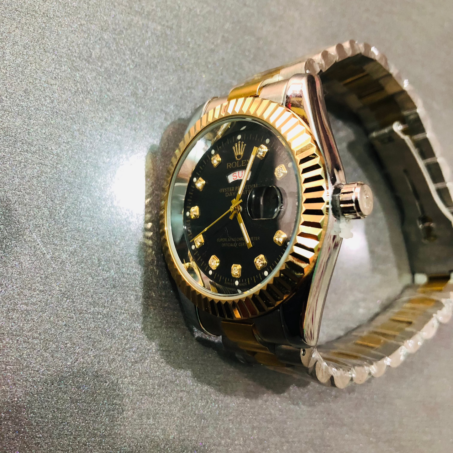 Rolex date day two tone watch